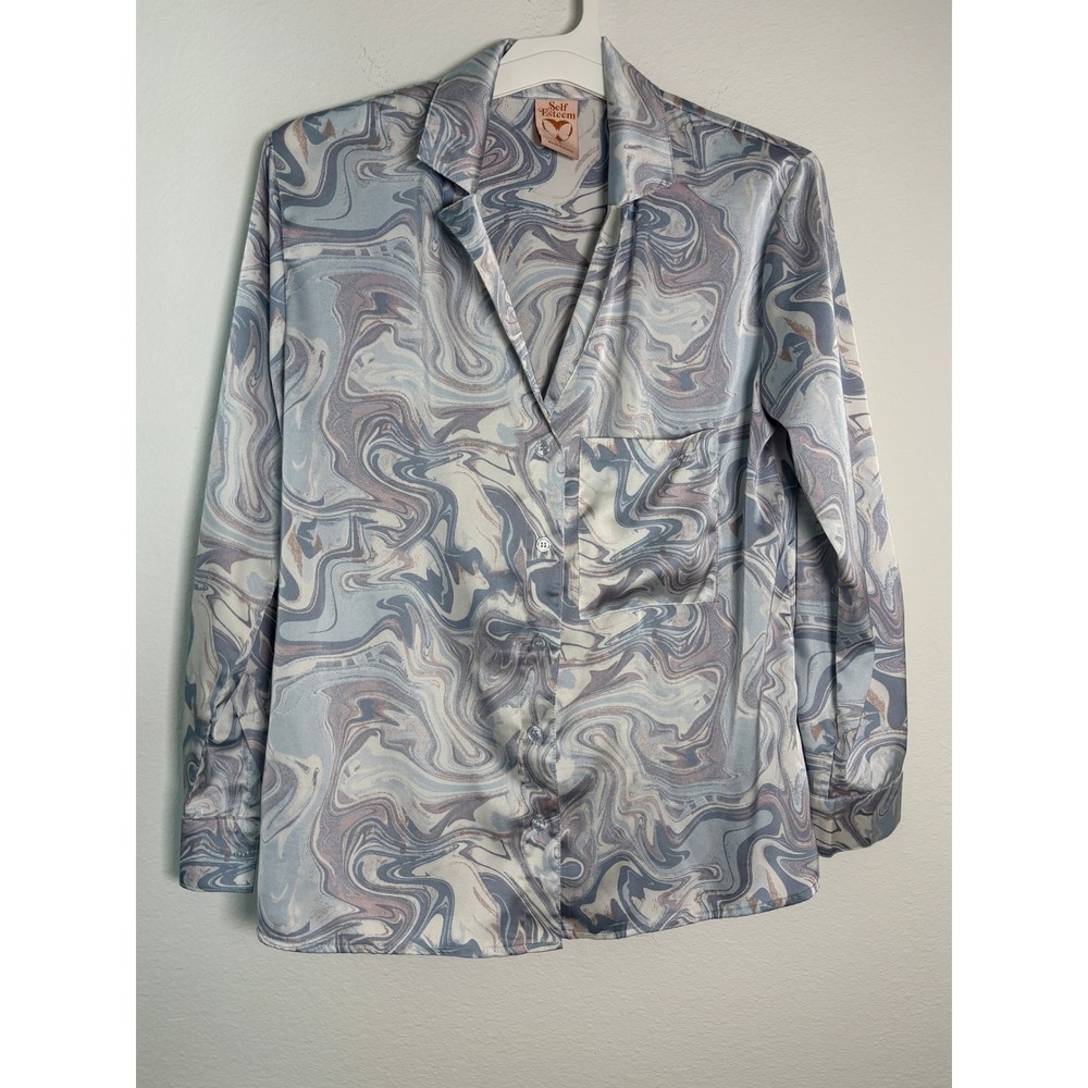 Self Esteem Blue Marble Swirl Print Satin Button Down Shirt Long Sleeve Small
